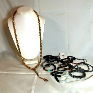 15 Natural Polished Stone & Iridescent Bracelets. Taupe Necklace. NWT